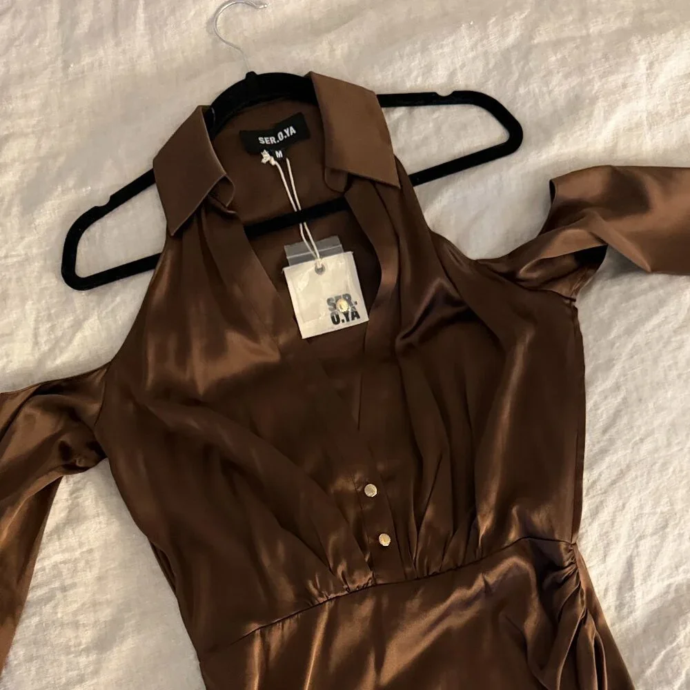 NWT SER.O.YA Shea Silk Dress Chocolate Medium - Picture 4 of 6